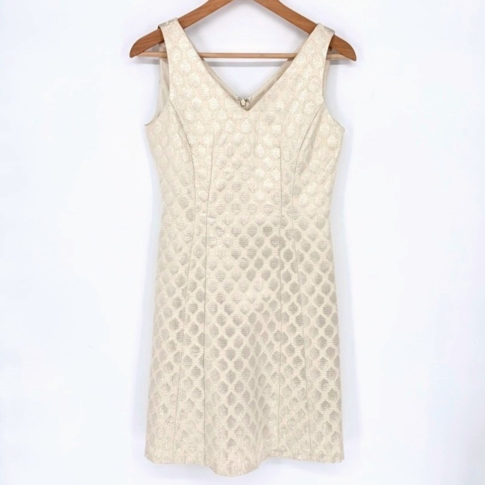 Cremieux Womens Gold Metallic Jacquard‎ V-Neck Sheath Dress Champagne Luxury 2